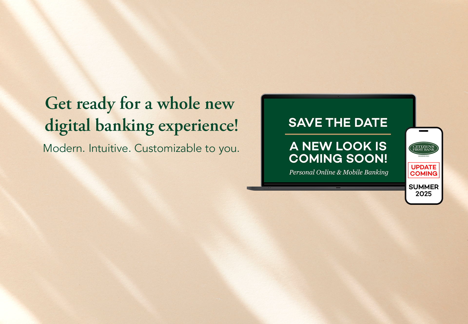 Image with laptop and smartphone with messaging for the upcoming personal Online & Mobile Banking upgrade coming soon.