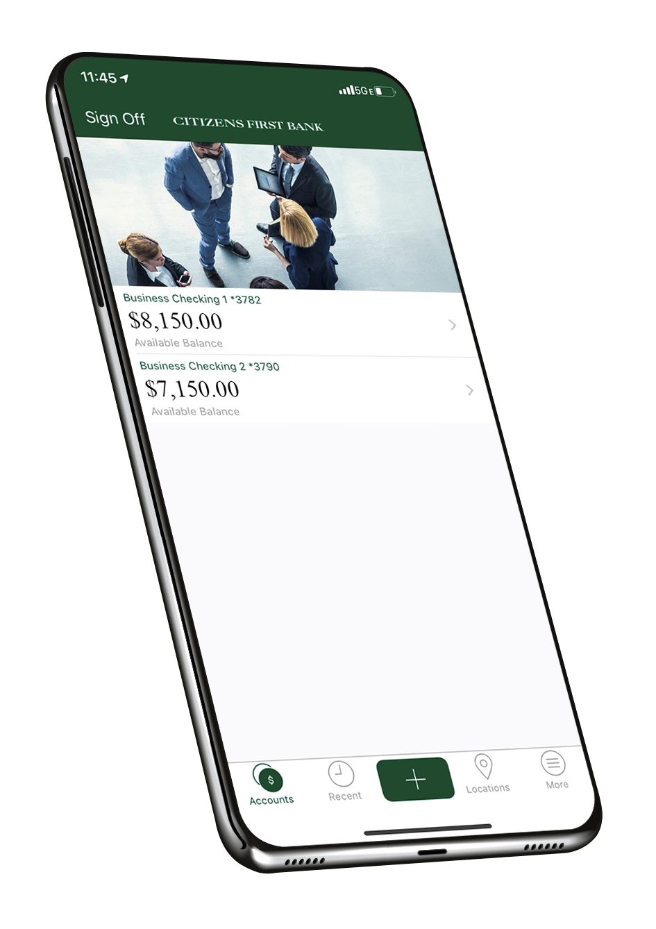 Cell phone with business banking mobile app screenshot.
