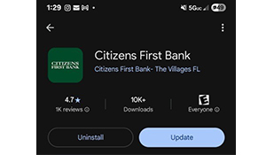 Image of Citizens First Bank mobile app update in Google Play Store