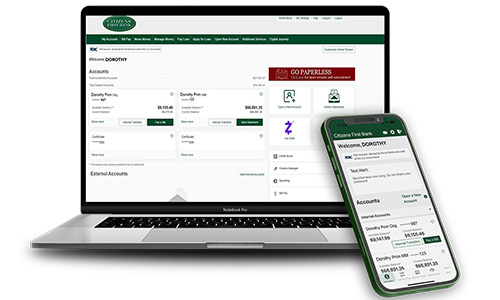 Image of laptop and smartphone with online banking and mobile banking home screens
