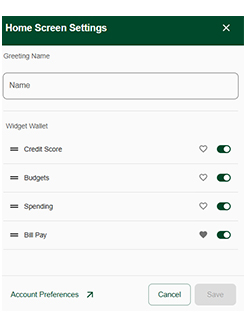 Picture of Home Screen Settings in Online Banking