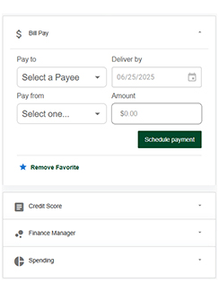 Image of online banking widgets for Bill Pay, Credit Score, Finance Manager, and Spending