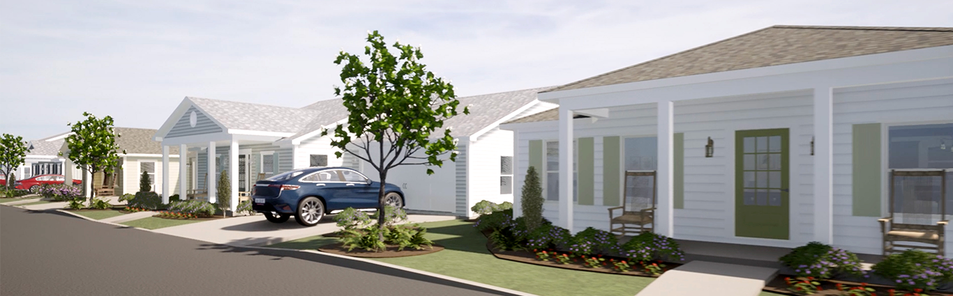 Artist rendering of streetscape of single story homes in neighborhood