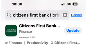 Image of Citizens First Bank mobile app update in App Store