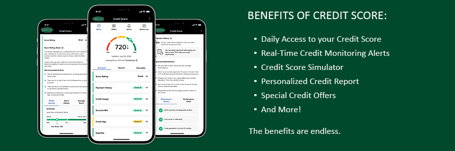 Image of three smart phones displaying benefits of credit score