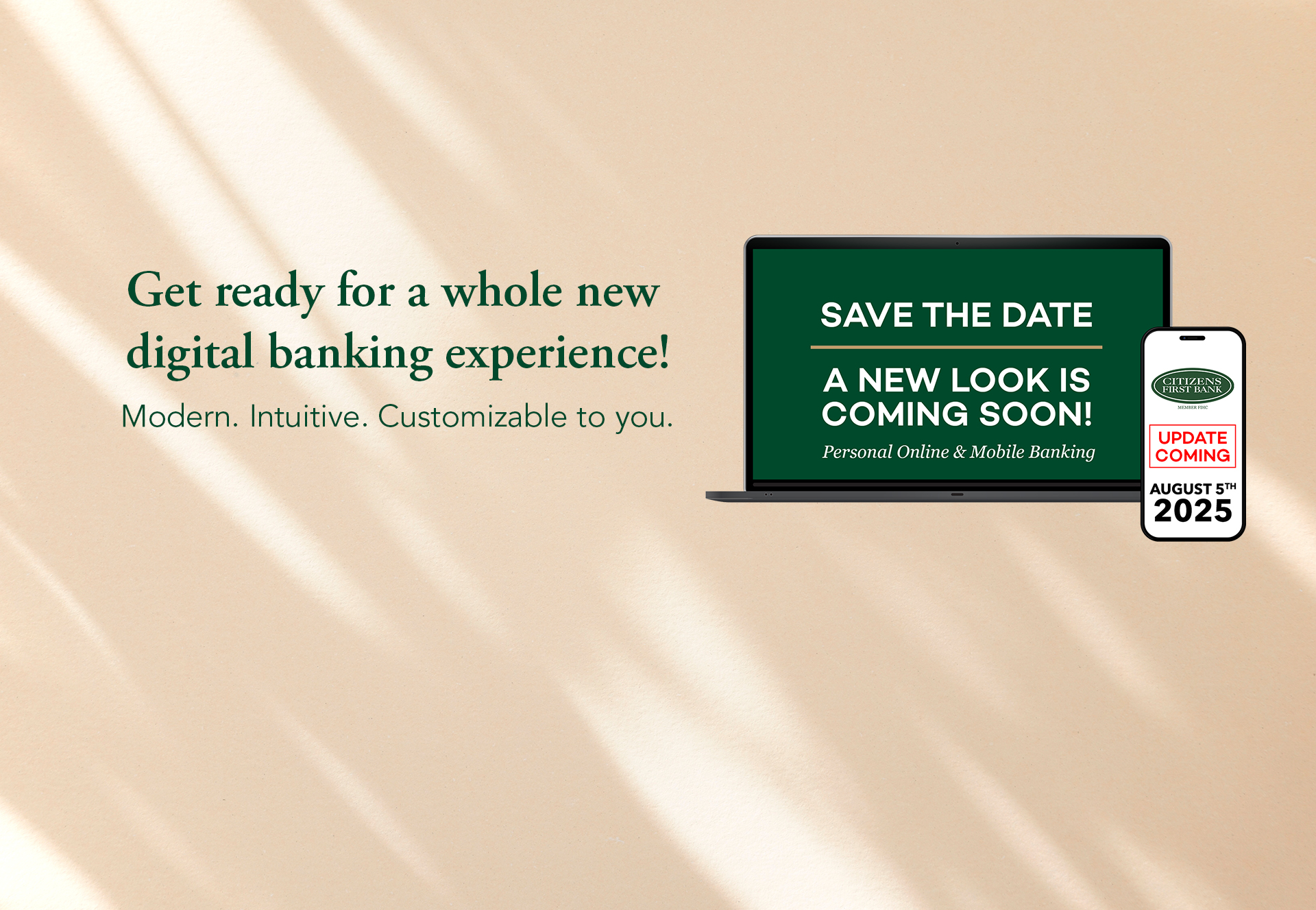 Image with laptop and smartphone with messaging for the upcoming personal Online & Mobile Banking upgrade coming August 5, 2025.