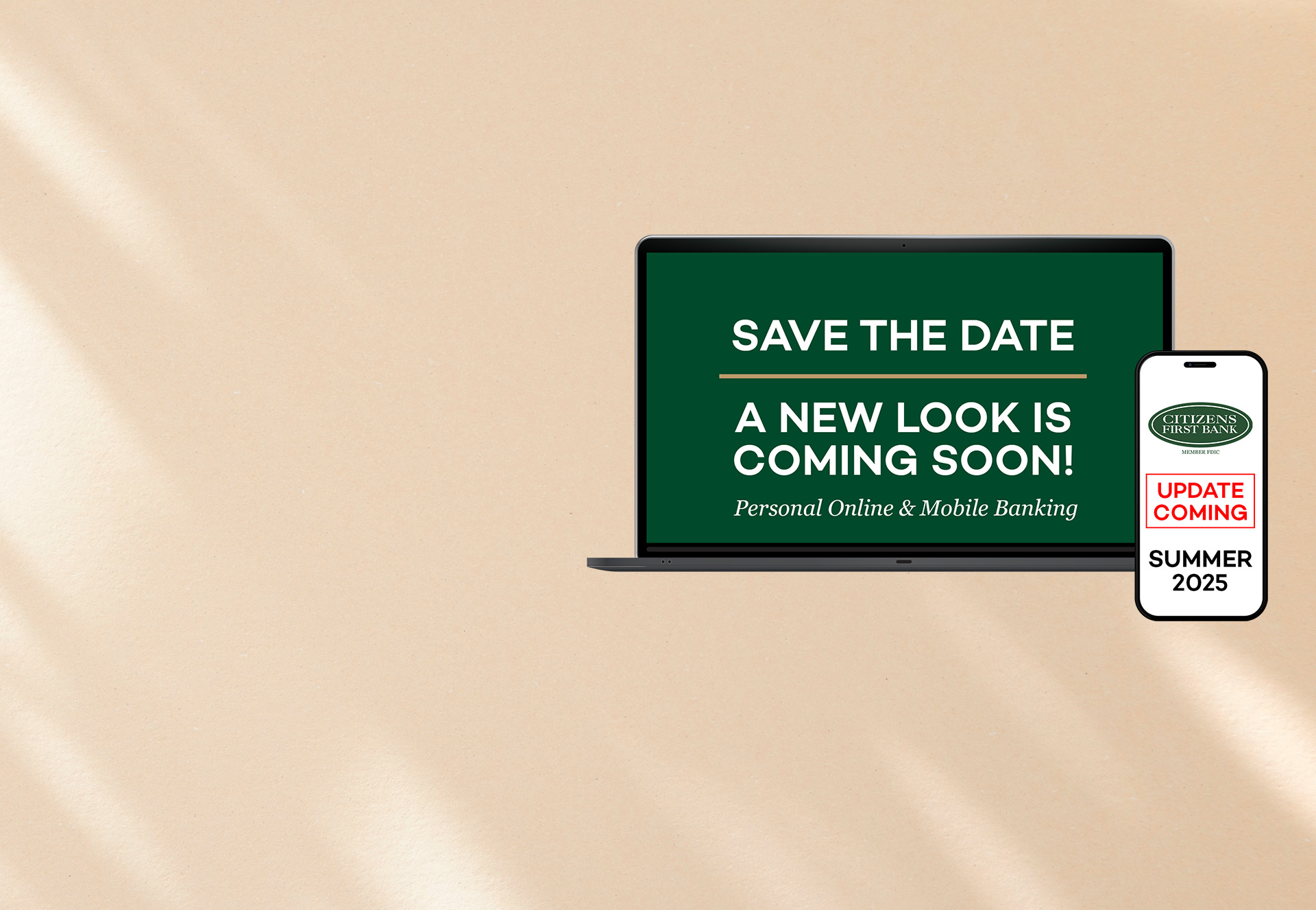 Save the Date teaser image on laptop and smart phone for a new look coming soon to personal online & mobile banking.