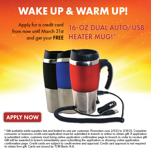 Image of heater mug for Wake Up & Warm Up credit card promotion.